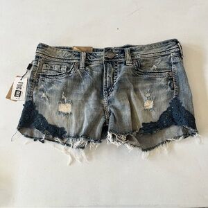 Silver Jeans Aiko Blue Distressed Jean Shorts with Navy Lace Size 33
